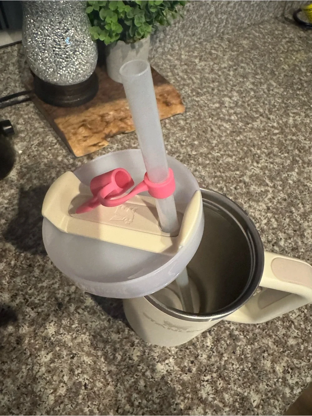 Stanley Cream Travel Mug with Pink Straw Cap
